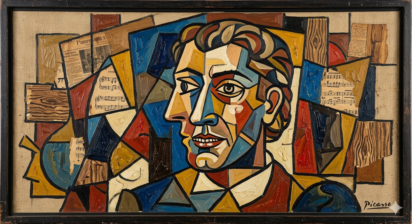 The Composer" – An Inspired Portrait in Cubist Mixed-Media